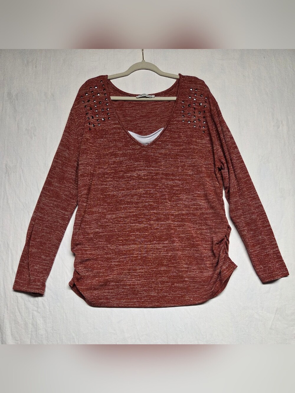 Extra Touch Rust Red Marled V-Neck Long Sleeve Top with Shoulder Studs
